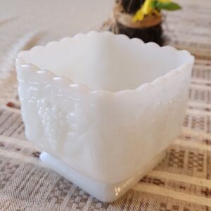 Vintage Milk Glass Square footed base grape leaves candy dish/ planter